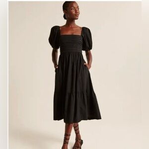 Abercrombie & Fitch Black Puff Sleeve Midi Dress XL NWT Smocked Bodice